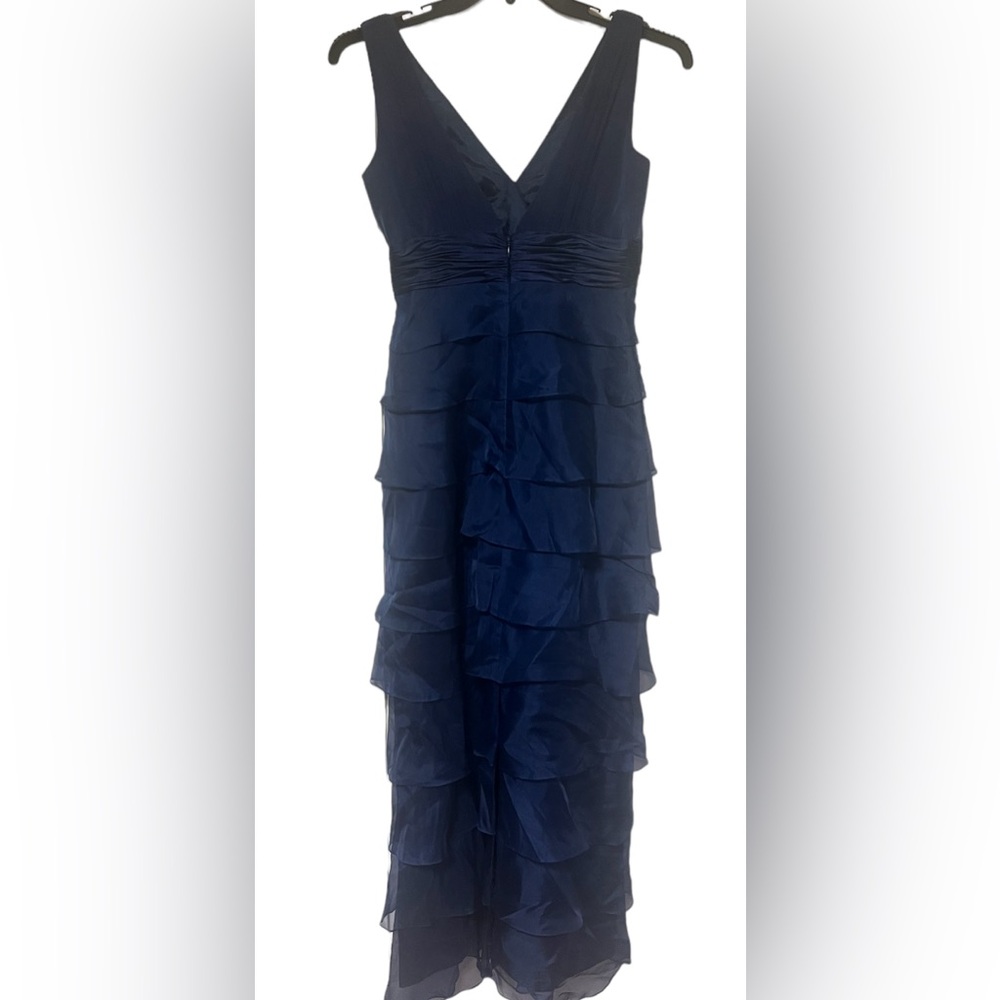 Jay Unger New York A-line Silk Pleated Tiered V-Neck Floor Length Dress sz4 Navy
